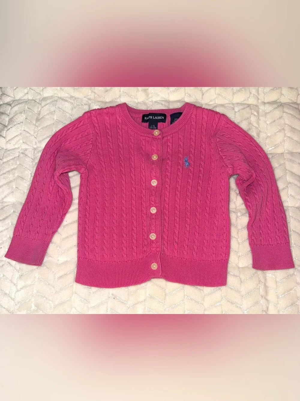 Ralph Lauren girls button up pink cable knit cardigan, size 12-24 mos